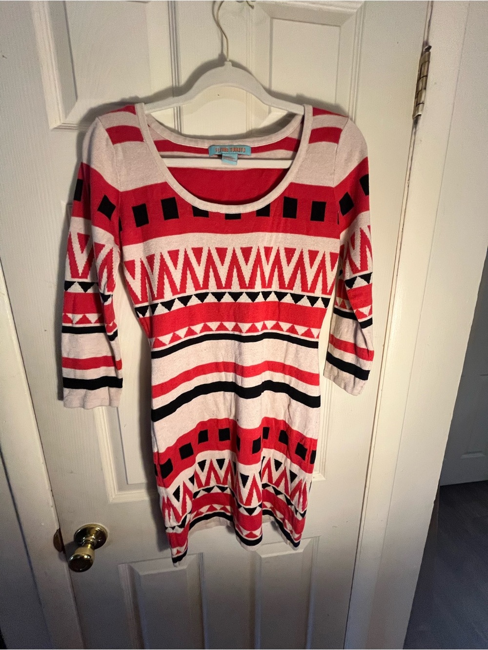 Flying Tomato Red and White Geometric Knit Dress